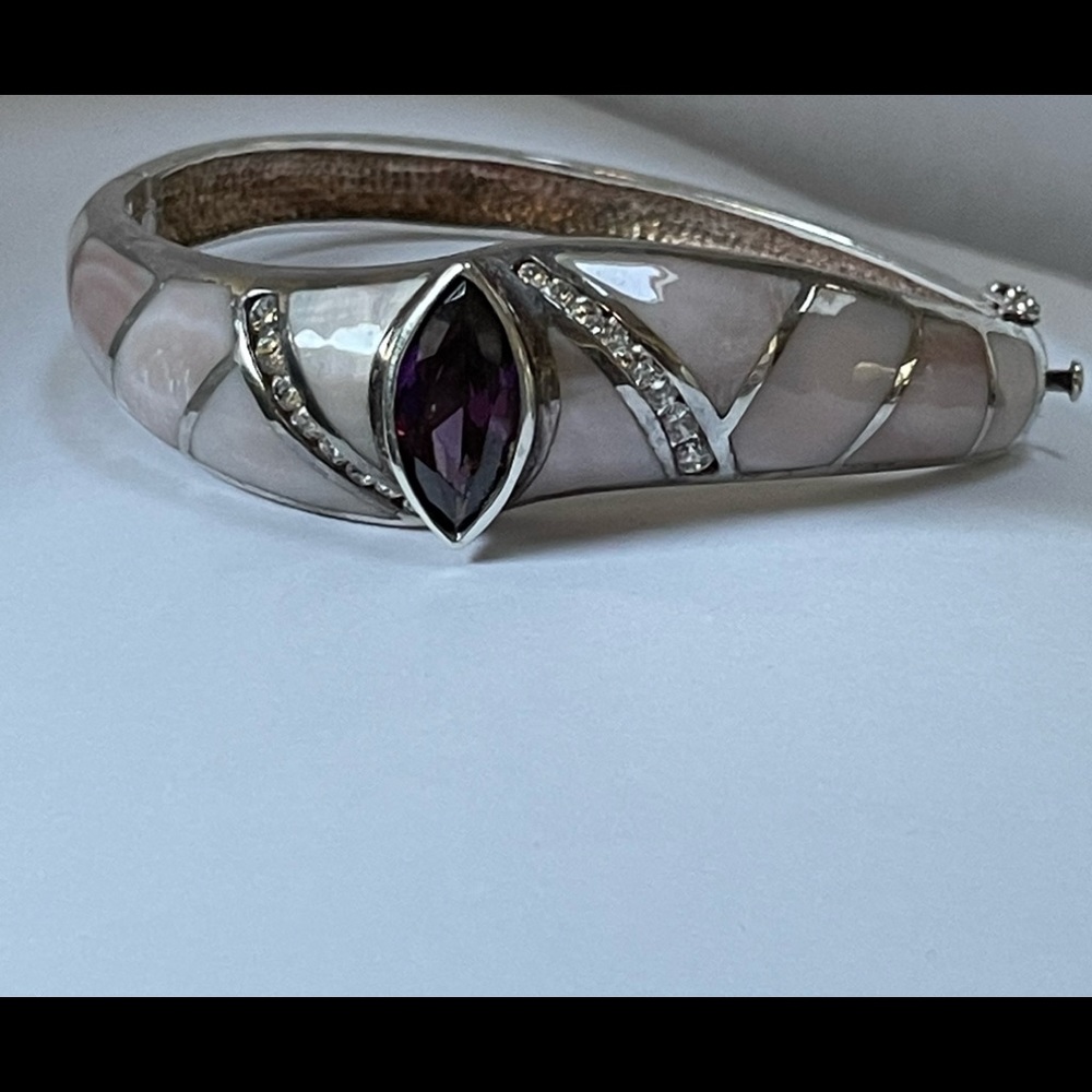 Sterling Silver Pink Mother of Pearl, CZ & faceted Amethyst center stone.